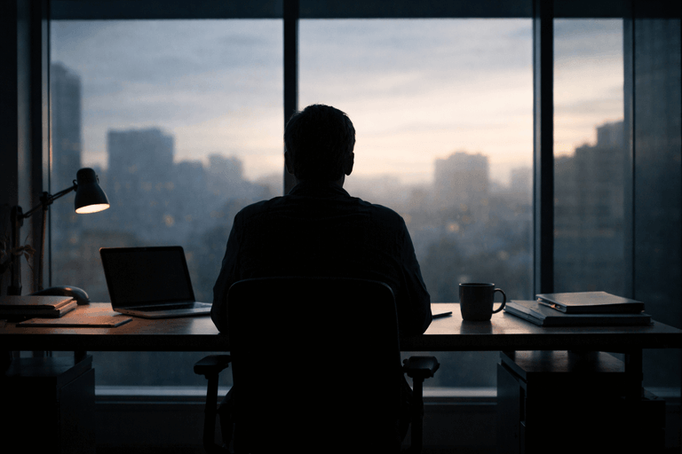 A silhouetted person sits alone at a desk in a dim office, facing a large window overlooking a blurred city skyline at dusk, with a laptop, lamp, mug, and stacked folders on the desk.