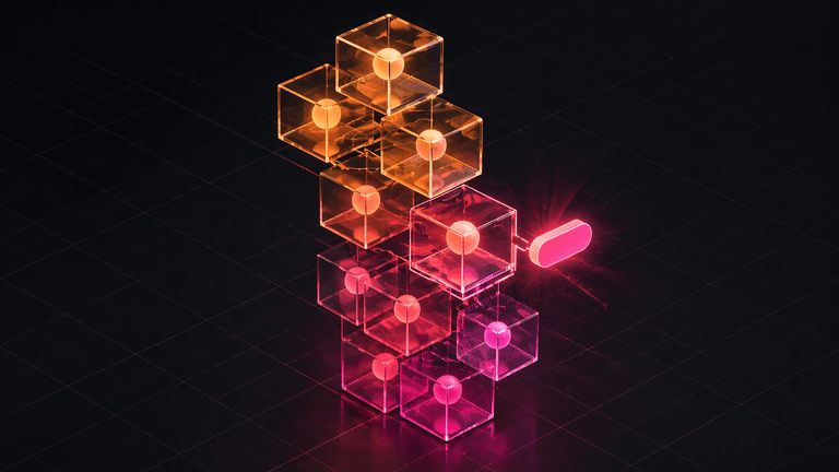 Stacked translucent cubes arranged diagonally on a dark grid background, each containing a glowing sphere that shifts from amber at the top to magenta at the bottom; one middle cube is highlighted by a bright pill-shaped light beside it.