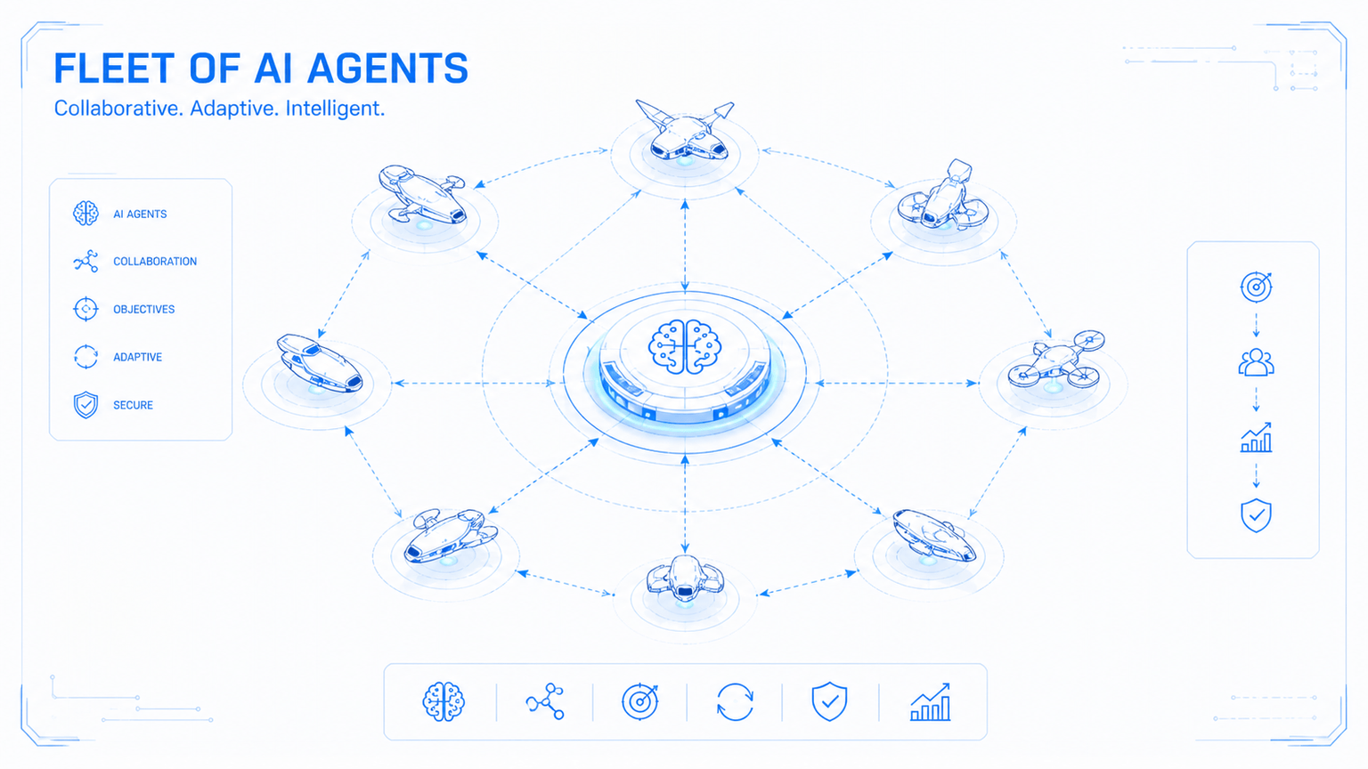 Futuristic diagram showing a central AI control hub coordinating a ring of connected autonomous agents.