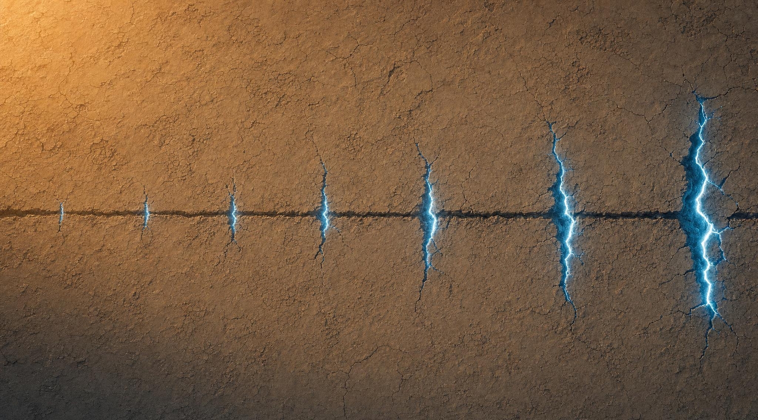 A desert surface split by glowing blue fractures