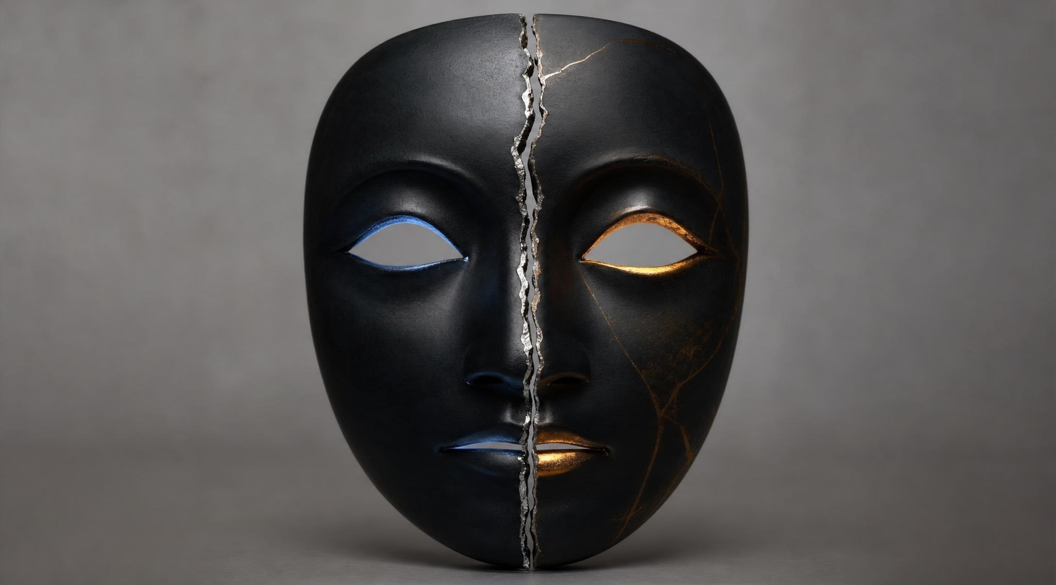 A black mask split down the center with blue and amber light in the eyes
