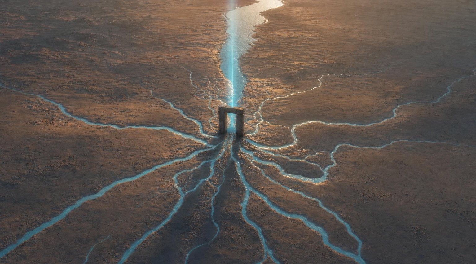 An aerial view of a gate channeling glowing blue paths across a desert surface