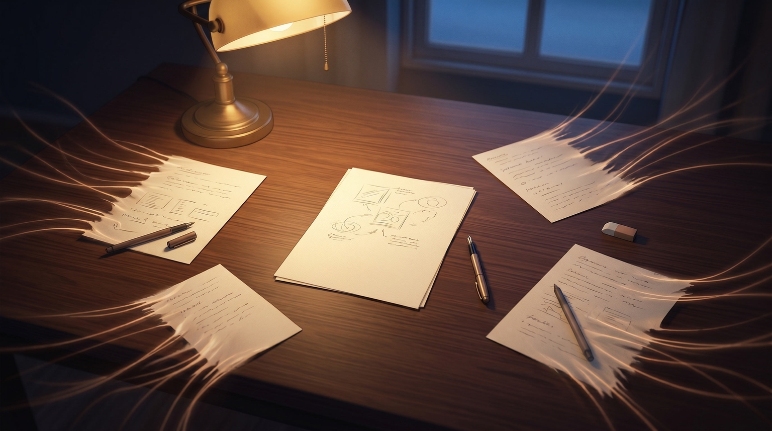 A warm overhead view of a wooden desk scattered with half-completed handwritten pages and sketches, illuminated by a desk lamp, with ghostly wisps of light drifting off the pages