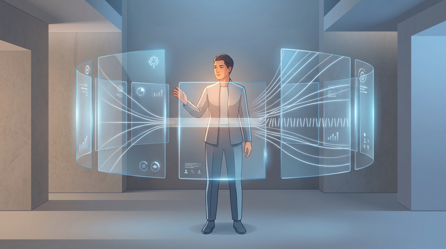 A stylized illustration of a person standing between curved holographic screens on both sides, with streams of light converging from the screens through their core — representing a knowledge worker as the central node directing multiple AI agents