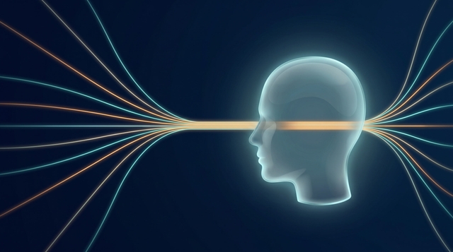 A glowing translucent human-head silhouette with multiple streams of light entering from the left, funneling through a single narrow channel at the center of the head, and fanning out on the right — a visual metaphor for the brain's serial processing bottleneck.