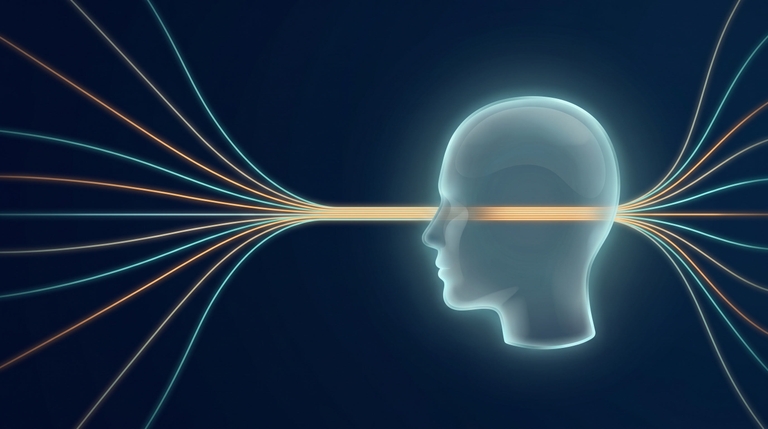 A glowing translucent human-head silhouette with multiple streams of light entering from the left, funneling through a single narrow channel at the center of the head, and fanning out on the right — a visual metaphor for the brain's serial processing bottleneck.