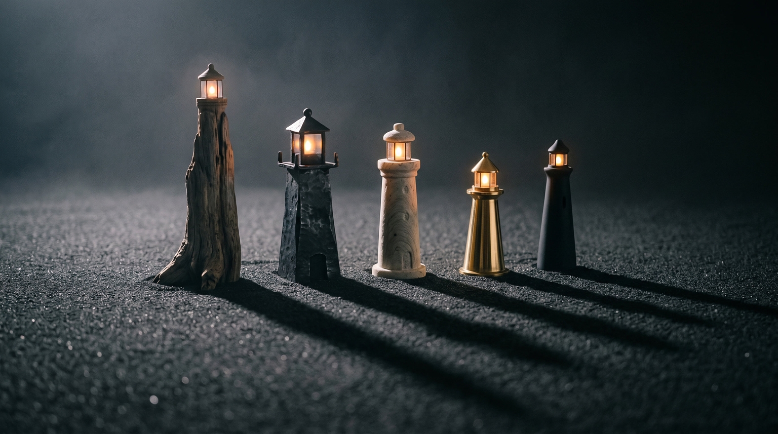 Five small lighthouse models made from different materials, each lit, standing together in the dark