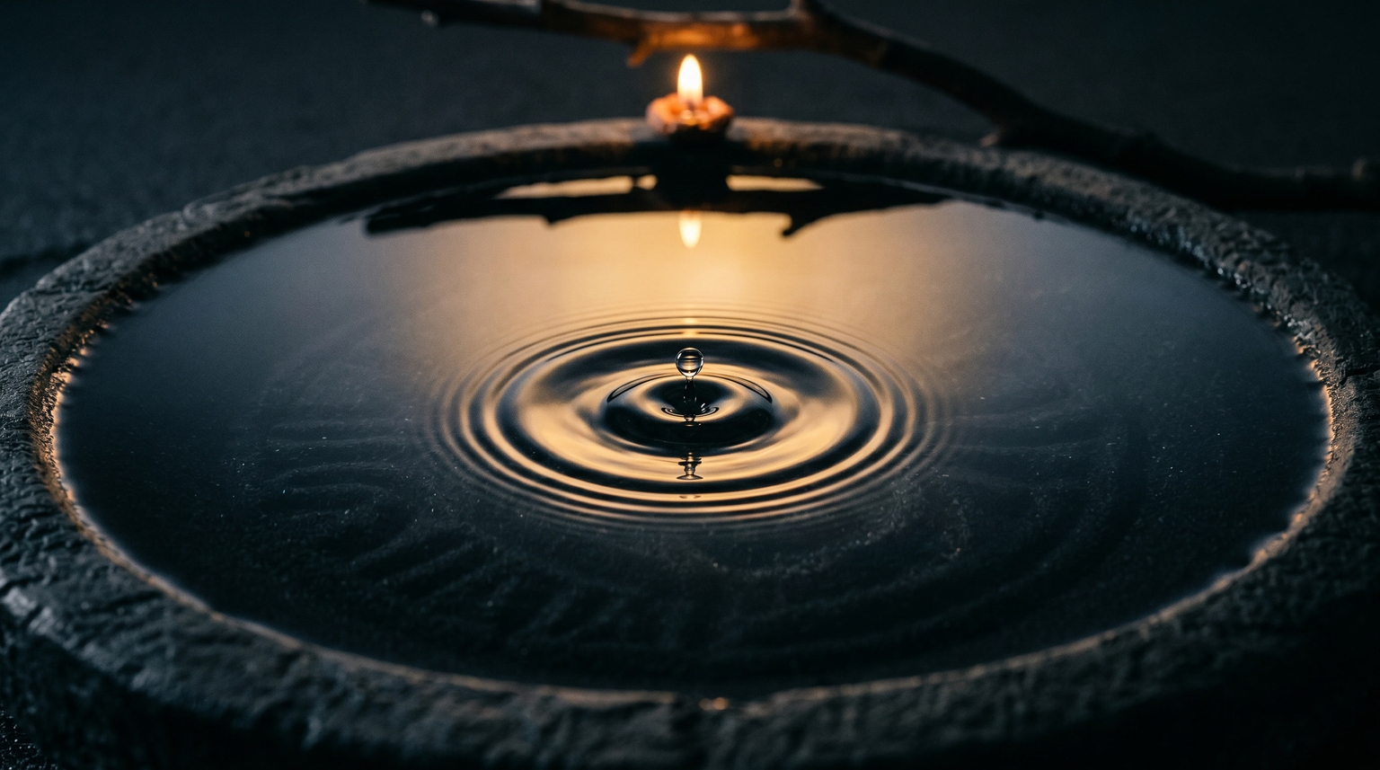 A single candle on a branch dripping into a dark pool of water, sending out concentric ripples