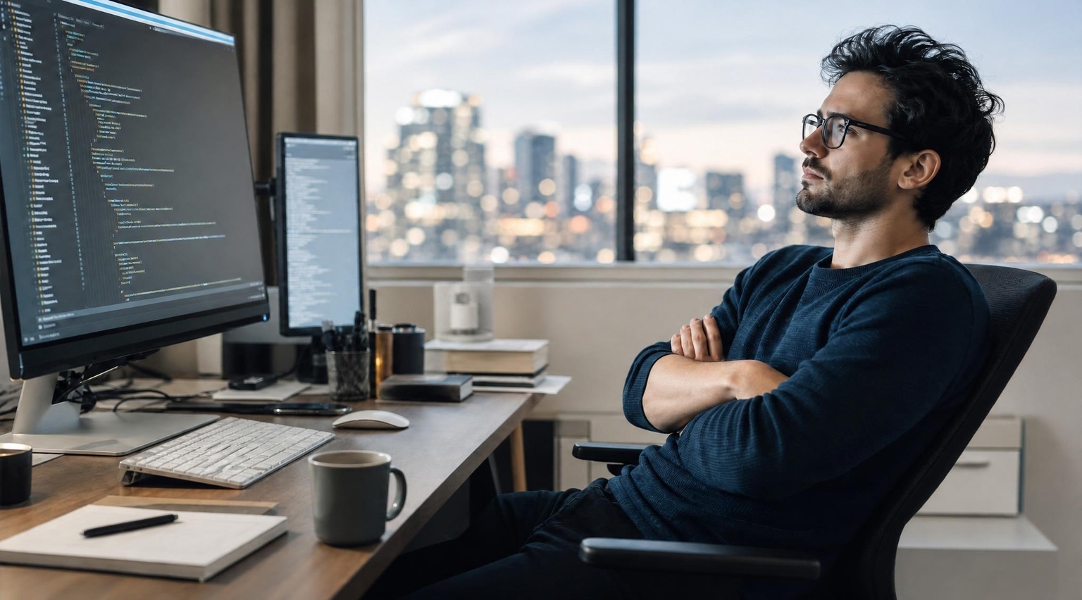 Software developer seated at a desk with code on monitors and a city skyline beyond the window