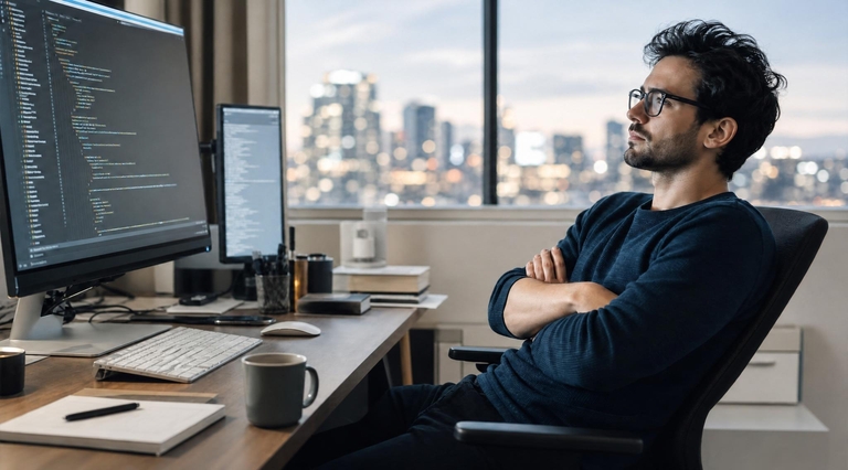 Software developer seated at a desk with code on monitors and a city skyline beyond the window