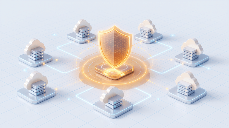 Isometric illustration of a glowing shield on a pedestal at the centre of a grid, linked by light trails to eight surrounding cloud and server nodes.