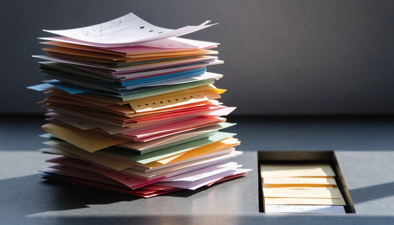 A tall, untidy stack of colored paper and index cards on a gray desk in raking light. Beside it, a narrow tray set into the desk holds only a few cream cards, laid in a neat row.
