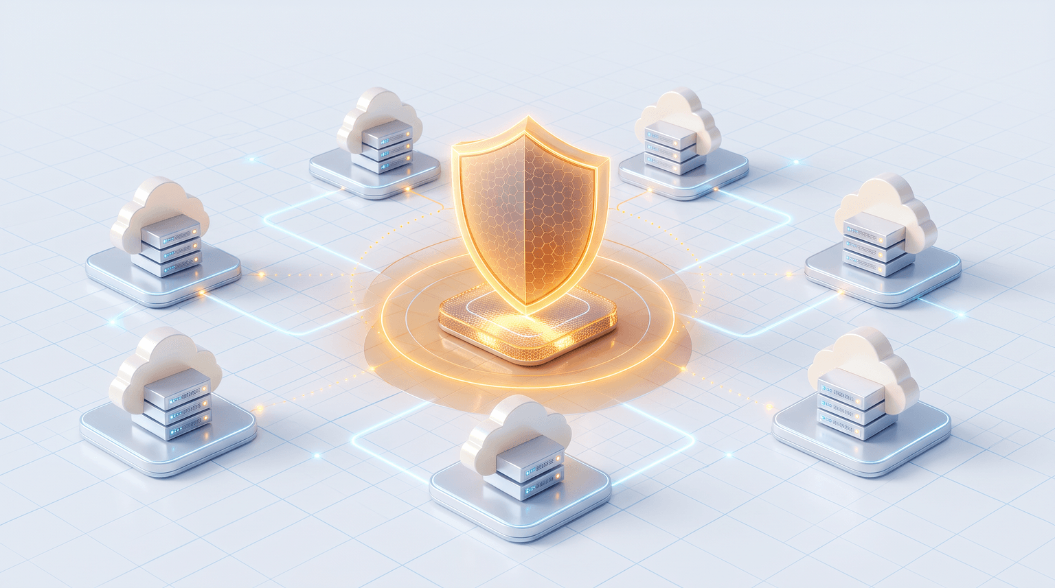 Isometric illustration of a glowing shield on a pedestal at the centre of a grid, linked by light trails to eight surrounding cloud and server nodes.