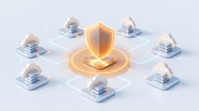 Isometric illustration of a glowing shield on a pedestal at the centre of a grid, linked by light trails to eight surrounding cloud and server nodes.